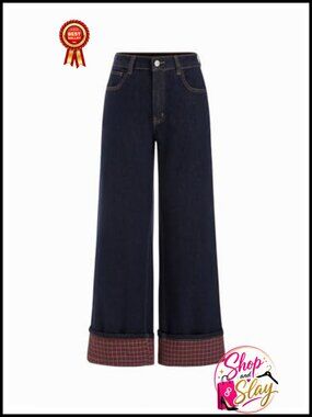 Wide Leg Stretchy Plaid Cuffed Hem Mid Rise Straight Leg Denim Jeans